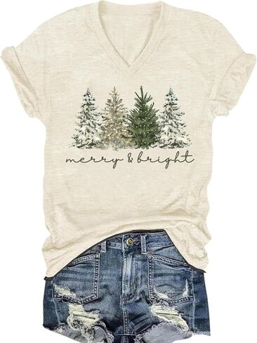 Womens V Neck Christmas Shirt Merry Christmas Graphic Tees Funny Holiday Xmas T-Shirts Winter Gift Tops in Saudi Arabia