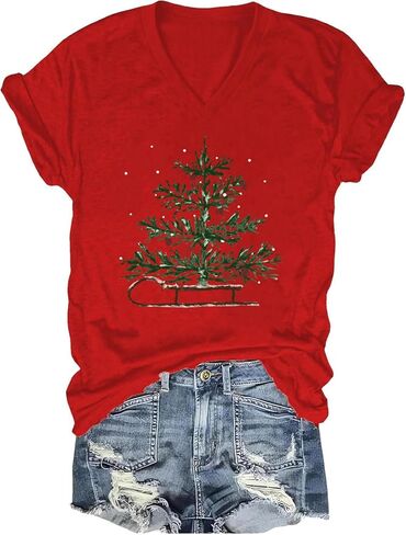 Womens V Neck Christmas Shirt Merry Christmas Graphic Tees Funny Holiday Xmas T-Shirts Winter Gift Tops in Saudi Arabia