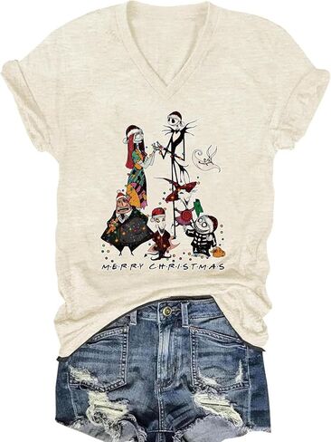 Womens V Neck Christmas Shirt Merry Christmas Graphic Tees Funny Holiday Xmas T-Shirts Winter Gift Tops in Saudi Arabia