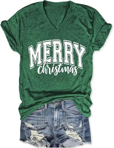 Womens V Neck Christmas Shirt Merry Christmas Graphic Tees Funny Holiday Xmas T-Shirts Winter Gift Tops in Saudi Arabia