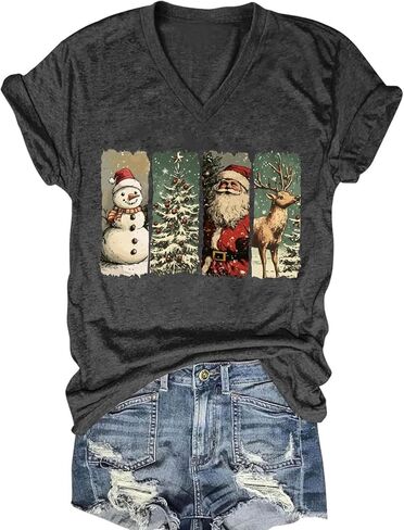 Womens V Neck Christmas Shirt Merry Christmas Graphic Tees Funny Holiday Xmas T-Shirts Winter Gift Tops in Saudi Arabia
