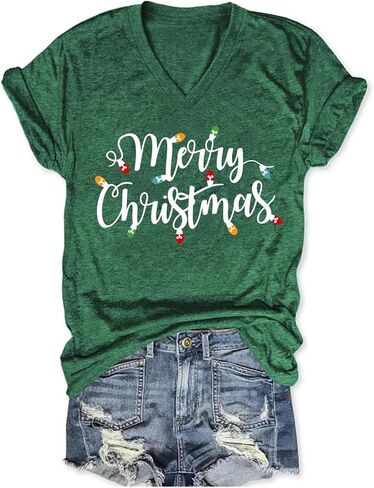 Womens V Neck Christmas Shirt Merry Christmas Graphic Tees Funny Holiday Xmas T-Shirts Winter Gift Tops in Saudi Arabia
