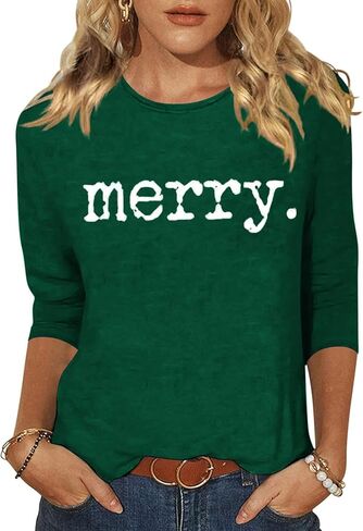 Womens Merry Christmas 3/4 Sleeve Shirt Funny Xmas Buffalo Plaid Letter Printed Tree Graphic Tee Winter Holiday Top in Saudi Arabia
