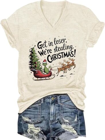 Womens V Neck Christmas Shirt Merry Christmas Graphic Tees Funny Holiday Xmas T-Shirts Winter Gift Tops in Saudi Arabia