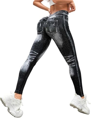 V Back Faux Denim Jeggings for Women Butt Lifting Tummy Control High Waisted Jeans Yoga Pants Scrunch Leggings in Saudi Arabia