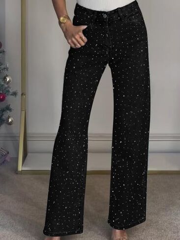 Women's Straight Leg Rhinestone Boyfried Denim Pants, Sparkly Bling Glitter Jeans in Saudi Arabia