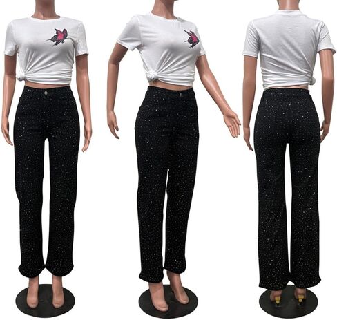 Women's Straight Leg Rhinestone Boyfried Denim Pants, Sparkly Bling Glitter Jeans in Saudi Arabia