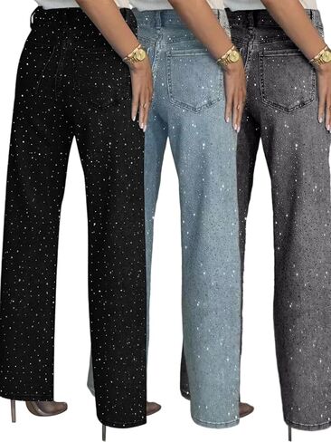 Women's Straight Leg Rhinestone Boyfried Denim Pants, Sparkly Bling Glitter Jeans in Saudi Arabia