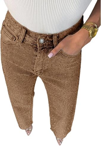 Women's Straight Leg Rhinestone Boyfried Denim Pants, Sparkly Bling Glitter Jeans in Saudi Arabia
