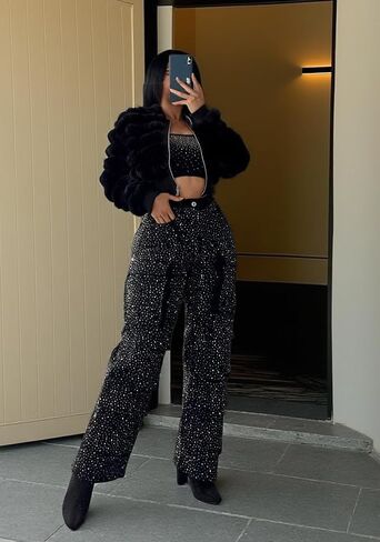 Tbahhir Womens Rhinestone Jeans, 2025 Trendy Cargo High Waisted Straight Leg Denim Pants Sparkle Shiny Trouser Fall in Saudi Arabia