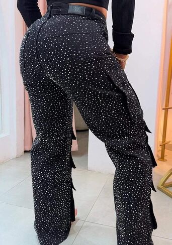 Tbahhir Womens Rhinestone Jeans, 2025 Trendy Cargo High Waisted Straight Leg Denim Pants Sparkle Shiny Trouser Fall in Saudi Arabia