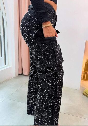 Tbahhir Womens Rhinestone Jeans, 2025 Trendy Cargo High Waisted Straight Leg Denim Pants Sparkle Shiny Trouser Fall in Saudi Arabia