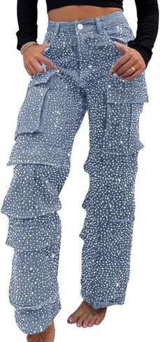 Tbahhir Womens Rhinestone Jeans, 2025 Trendy Cargo High Waisted Straight Leg Denim Pants Sparkle Shiny Trouser Fall in Saudi Arabia