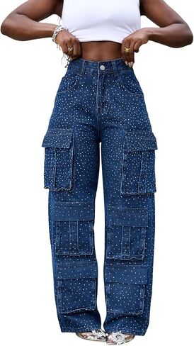 Tbahhir Womens Rhinestone Jeans, 2025 Trendy Cargo High Waisted Straight Leg Denim Pants Sparkle Shiny Trouser Fall in Saudi Arabia