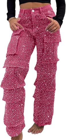 Tbahhir Womens Rhinestone Jeans, 2025 Trendy Cargo High Waisted Straight Leg Denim Pants Sparkle Shiny Trouser Fall in Saudi Arabia