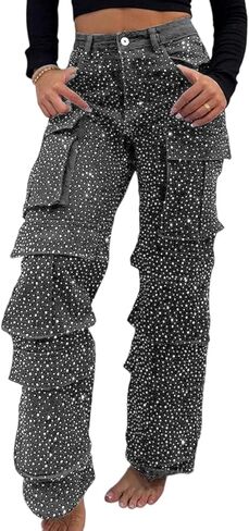 Tbahhir Womens Rhinestone Jeans, 2025 Trendy Cargo High Waisted Straight Leg Denim Pants Sparkle Shiny Trouser Fall in Saudi Arabia