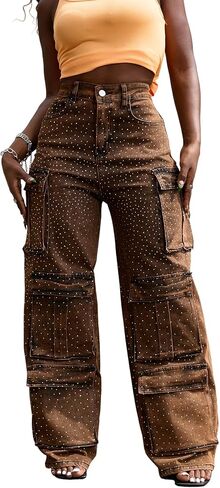 Tbahhir Womens Rhinestone Jeans, 2025 Trendy Cargo High Waisted Straight Leg Denim Pants Sparkle Shiny Trouser Fall in Saudi Arabia