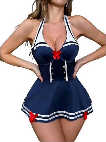 SOLY HUX Women's 2 Piece Lingerie Costume Striped Halter Babydoll Mini Dress with Thong in Kuwait