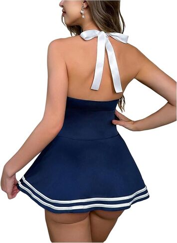 SOLY HUX Women's 2 Piece Lingerie Costume Striped Halter Babydoll Mini Dress with Thong in Kuwait