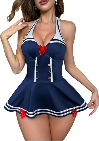 SOLY HUX Women's 2 Piece Lingerie Costume Striped Halter Babydoll Mini Dress with Thong in Kuwait