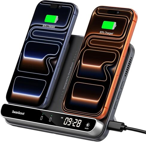 Dual Wireless Charger Stand, SwanScout 504, Foldable Wireless Charging Station Pad for iPhone 16/15/14 Series, Samsung Galaxy S25/S24/S23, Google Pixel 9/8/7, Android Phones, AirPods/Galaxy Buds in Kuwait