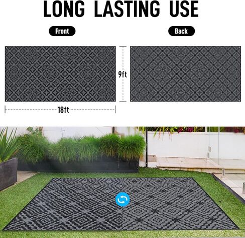 GOTGELIF Outdoor Camping Rug Waterproof 9x18FT, Large Reversible Stain&UV Resistant Plastic Straw RV Rug for Outside Patio Pool Deck Beach Indoor, Area Carpet Mat with Portable Bag&4 Stakes-Black Grey in Saudi Arabia