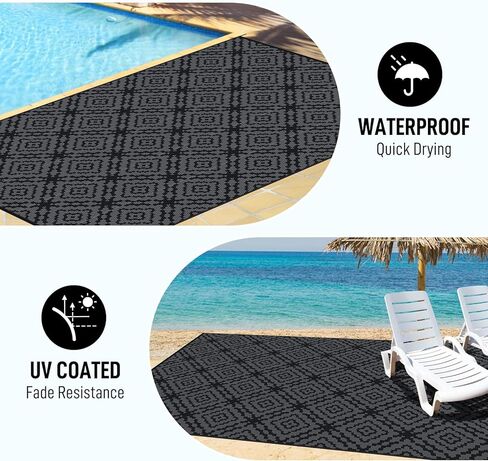 GOTGELIF Outdoor Camping Rug Waterproof 9x18FT, Large Reversible Stain&UV Resistant Plastic Straw RV Rug for Outside Patio Pool Deck Beach Indoor, Area Carpet Mat with Portable Bag&4 Stakes-Black Grey in Saudi Arabia