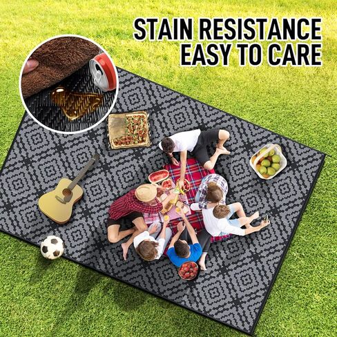 GOTGELIF Outdoor Camping Rug Waterproof 9x18FT, Large Reversible Stain&UV Resistant Plastic Straw RV Rug for Outside Patio Pool Deck Beach Indoor, Area Carpet Mat with Portable Bag&4 Stakes-Black Grey in Saudi Arabia
