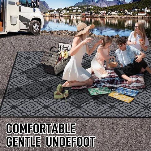 GOTGELIF Outdoor Camping Rug Waterproof 9x18FT, Large Reversible Stain&UV Resistant Plastic Straw RV Rug for Outside Patio Pool Deck Beach Indoor, Area Carpet Mat with Portable Bag&4 Stakes-Black Grey in Saudi Arabia