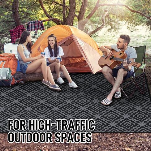 GOTGELIF Outdoor Camping Rug Waterproof 9x18FT, Large Reversible Stain&UV Resistant Plastic Straw RV Rug for Outside Patio Pool Deck Beach Indoor, Area Carpet Mat with Portable Bag&4 Stakes-Black Grey in Saudi Arabia