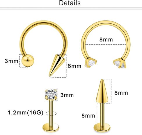 مجوهرات Dyknasz Snake Bite Jewelry 16 جرام حلقات شفاه من الفولاذ الجراحي مجوهرات حدوة حصان Labret مجوهرات Medusa ثقب المجوهرات طويلة سبايك Tragus Helix أقراط ترصيع للنساء والرجال 16 قطعة in Kuwait