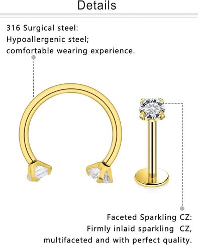 مجوهرات Dyknasz Snake Bite Jewelry 16 جرام حلقات شفاه من الفولاذ الجراحي مجوهرات حدوة حصان Labret مجوهرات Medusa ثقب المجوهرات طويلة سبايك Tragus Helix أقراط ترصيع للنساء والرجال 16 قطعة in Kuwait