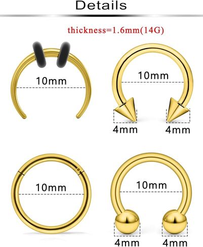 Ftovosyo 4 قطع PA حلقة حدوة حصان دائرية من الحديد 316L فولاذ جراحي ملولب داخليًا 2G 4G 6G 8G 10G 12G 14G 16G مجموعة حلقات الحاجز مقاييس الأذن مثقوبة مجوهرات للنساء 10 مم 12 مم 14 مم 16 مم in Saudi Arabia