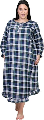 LA CERA Women's Plus Size Long Sleeve Ruffle Neck Tartan Plaid 100% Cotton Flannel Nightgown with Front Button Closure in Saudi Arabia