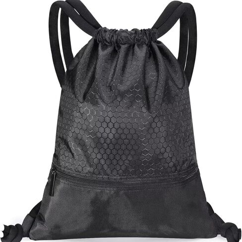 Drawstring Backpack Bag Gym Drawstring Bags with Zip Pocket Waterproof Draw String Back Sack Sport Gym Sackpack Swim Bag for Men Women (Black, 43x34cm) in Saudi Arabia