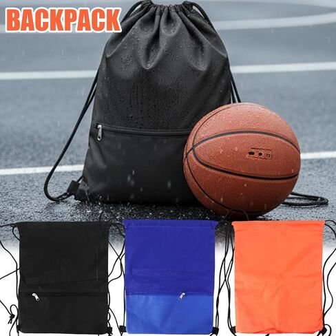 Drawstring Backpack Bag Gym Drawstring Bags with Zip Pocket Waterproof Draw String Back Sack Sport Gym Sackpack Swim Bag for Men Women (Black, 43x34cm) in Saudi Arabia