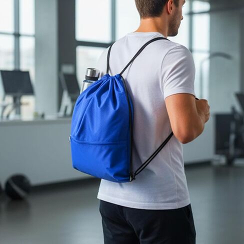 Drawstring Backpack Bag Gym Drawstring Bags with Zip Pocket Waterproof Draw String Back Sack Sport Gym Sackpack Swim Bag for Men Women (Black, 43x34cm) in Saudi Arabia