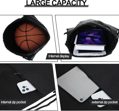 Drawstring Backpack Bag Gym Drawstring Bags with Zip Pocket Waterproof Draw String Back Sack Sport Gym Sackpack Swim Bag for Men Women (Black, 43x34cm) in Saudi Arabia