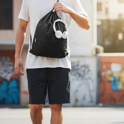 Drawstring Backpack Bag Gym Drawstring Bags with Zip Pocket Waterproof Draw String Back Sack Sport Gym Sackpack Swim Bag for Men Women (Black, 43x34cm) in Saudi Arabia