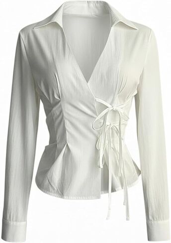 Verdusa Women's Lace Up Cinched Waist Tops Dressy Blouses Long Sleeve Collared Shirts in Saudi Arabia