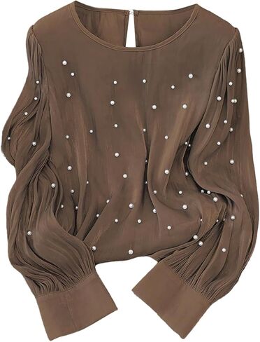 Floerns Women's Elegant Long Sleeve Blouse Tops Pearl Beaded Crewneck Dressy Casual Outfit in Saudi Arabia