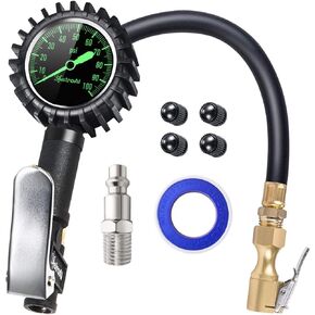 AstroAI Glow Dial Tire Inflator with Pressure Gauge 100 PSI, Heavy Duty with Large 2" Easy Read Glow Dial, Air Chuck, Quick Connect Coupler and Rubber Hose Compressor Accessories, Gifts for Men.