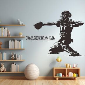 Baseball Catcher Player Wall Stickers - Sports Fan Wall Decor - Baseball Themed Wall Decals for Bedroom - Sports Wall Art Effect Size 25"x20"inch (Black-JZY200-baseball)