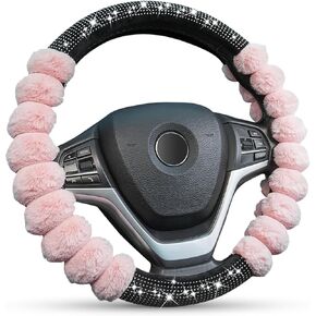 أغطية عجلة القيادة اللطيفة من XCBYT - إكسسوارات تزيين السيارة باللون الأسود، مريحة وغير قابلة للانزلاق، سيارة فاخرة من الصوف الصناعي للنساء والبنات بحجم 15 بوصة للسيارات العالمية in Kuwait
