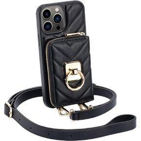 LAMEEKU Designed for iPhone 14 Plus Wallet Case, Card Holder Case with 360° Rotation Ring Holder Crossbody Strap RFID Shockproof Case Compatible with iPhone 14 Plus, 6.7 Inch-Black