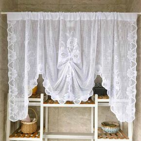 NewWPKIRA 2 Panels Floral Embroidery Sheer Lace Curtain Valance Princess Style Embroidered Waterfall Swag Curtain Valance Tier for Kitchen Bathroom Half Window Decoration, Rod Pocket Top
