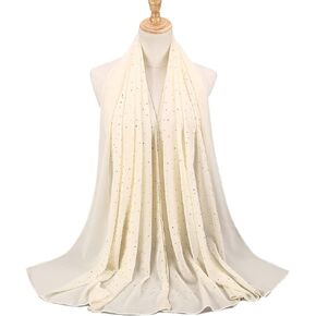 Women Soft Chiffon Rhinestone Pearl Long Scarf Shawl Turban Fashion Muslim Hijab Head Wrap Girl Solid Color Scarves