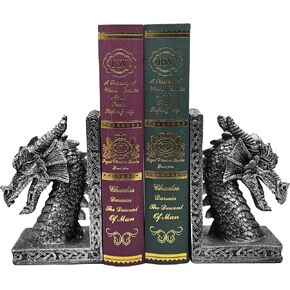 Book Ends for Shelves to Hold Books Heavy Duty,Decorative Bookend for Bookshelf Décor, Animal Dragon Book Stopper Dragon Statues for Home, Office Desk, Living Room Decoration,Vintage Silver,1pair