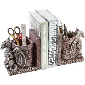 MyGift Dragon Guard Castle Resin Decorative Bookends/Pencil Holders, Fantasy Themed Book Holder for Home and Office
