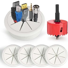 6Pcs TV Cord Hider for Wall Mounted TV 2.36in (60mm) TV Wire Hider Cable Grommet Cable Hole Cover with Hole Saw Drill Attachment, in Wall Cable Management Kit for Office and Home Table Cable